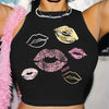 Women's Y2K Lips Print Sleeveless Crew Neck Top - Black with Multicolor Graphic Design, Breathable Polyester Blend, Machine Washable Summer Casual Wear, Trendy Outfit, Playful Style, Medium Elasticity