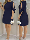 Women's Navy Blue Casual Dress - Elegant Knee-Length with Ruffle Detail, Crew Neck, Machine Washable, Polyester Blend