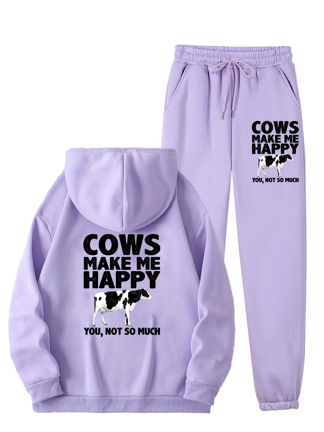 1set Women'S Casual Sportswear with Cow Print, Polyester 100% Long Sleeve Hoodie and Joggers Set, Crew Neck, All-Season Knit Fabric with Pockets