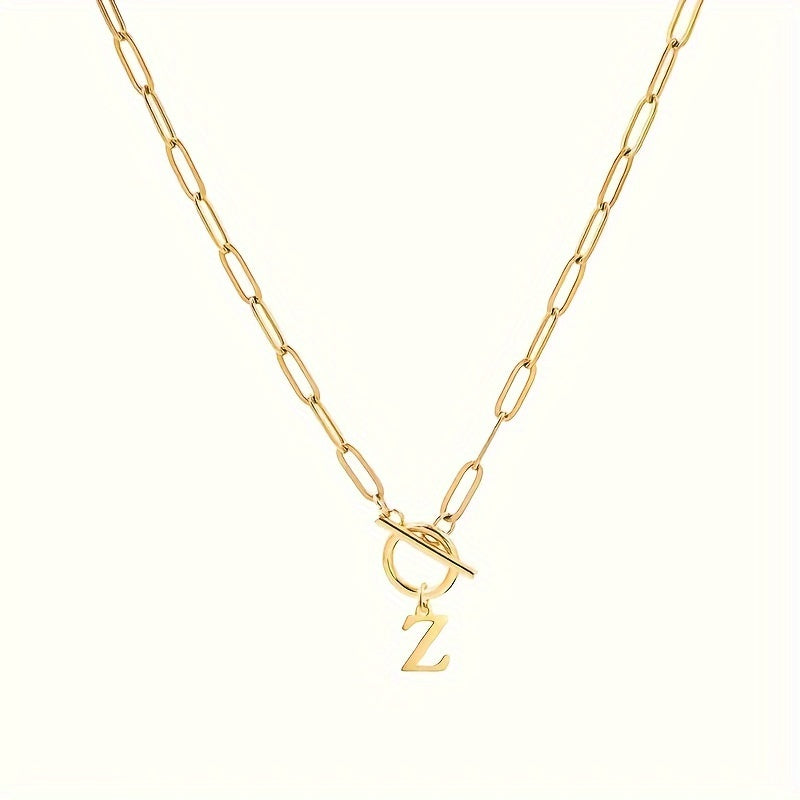 Personalized Initial Letter Necklace – 18K Gold Plated Stainless Steel Capital Letter Pendant with Rectangular Paperclip Chain – Elegant & Cute Gift for Her