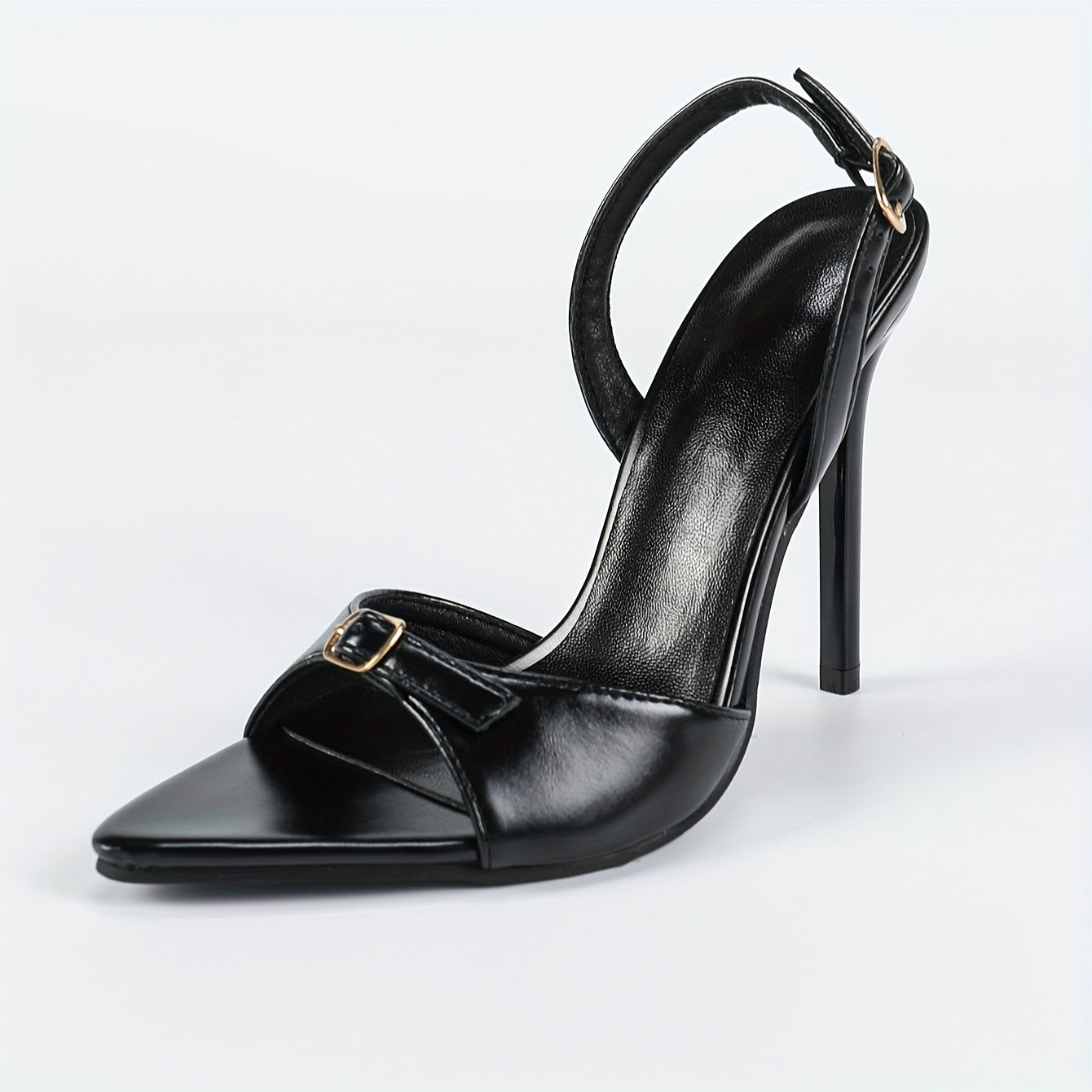 Women's Black Pointed-Toe Stiletto Sandals with Metallic Buckle Strap - Elegant Ankle Strap High Heels for Parties, Proms, and Formal Events, Stiletto Heels