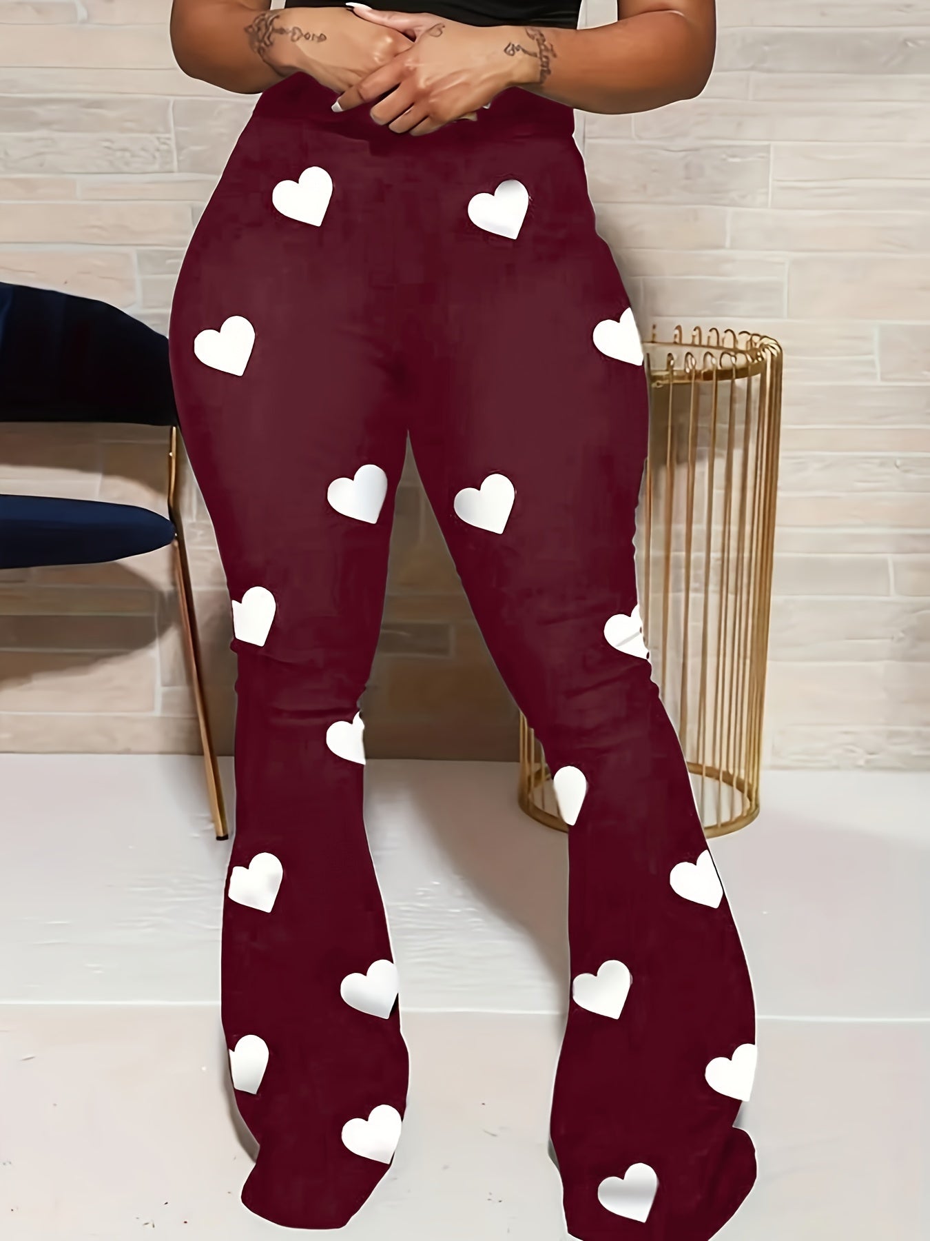 Stylish Heart Print Flare Leg Pants - High Waist, Casual, Versatile, Comfortable, and Chic Womens Clothing for Spring and Summer - Perfect for Daily Wear, Outdoor Activities, and Travel
