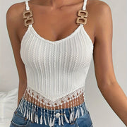 Chic Spring/Summer Knit Cami Top with Metal Buckle Detail - Sexy V-Neck, Hollow-Out Design for Women, Amazon Cross-border, Fortune Attracting