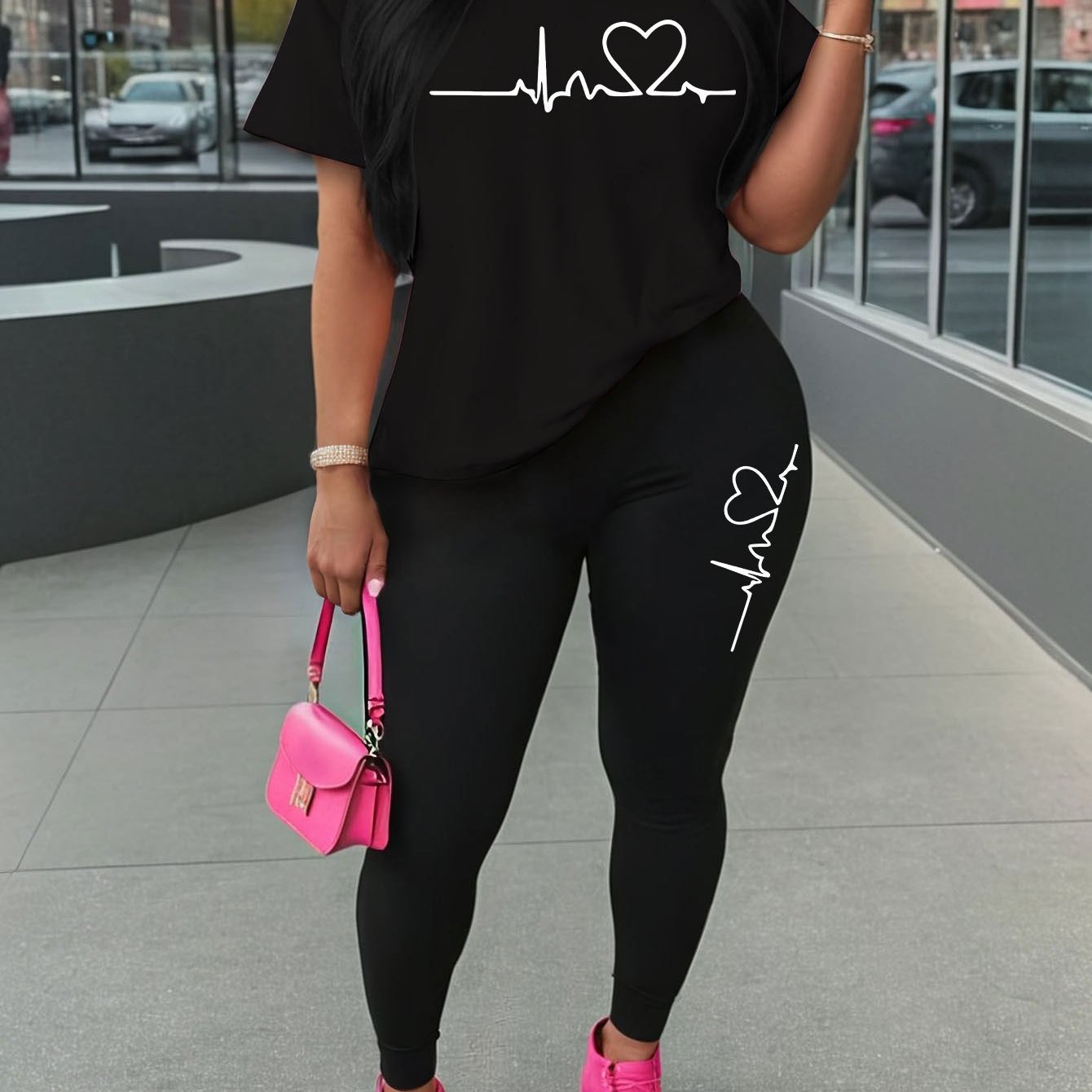 Women'S Love Heart Print Two-Piece Set, Casual Crew Neck Short Sleeve T-Shirt and Knit Polyester Leggings, All-Season Comfort, 96% Polyester 4% Spandex, 180gsm - Red