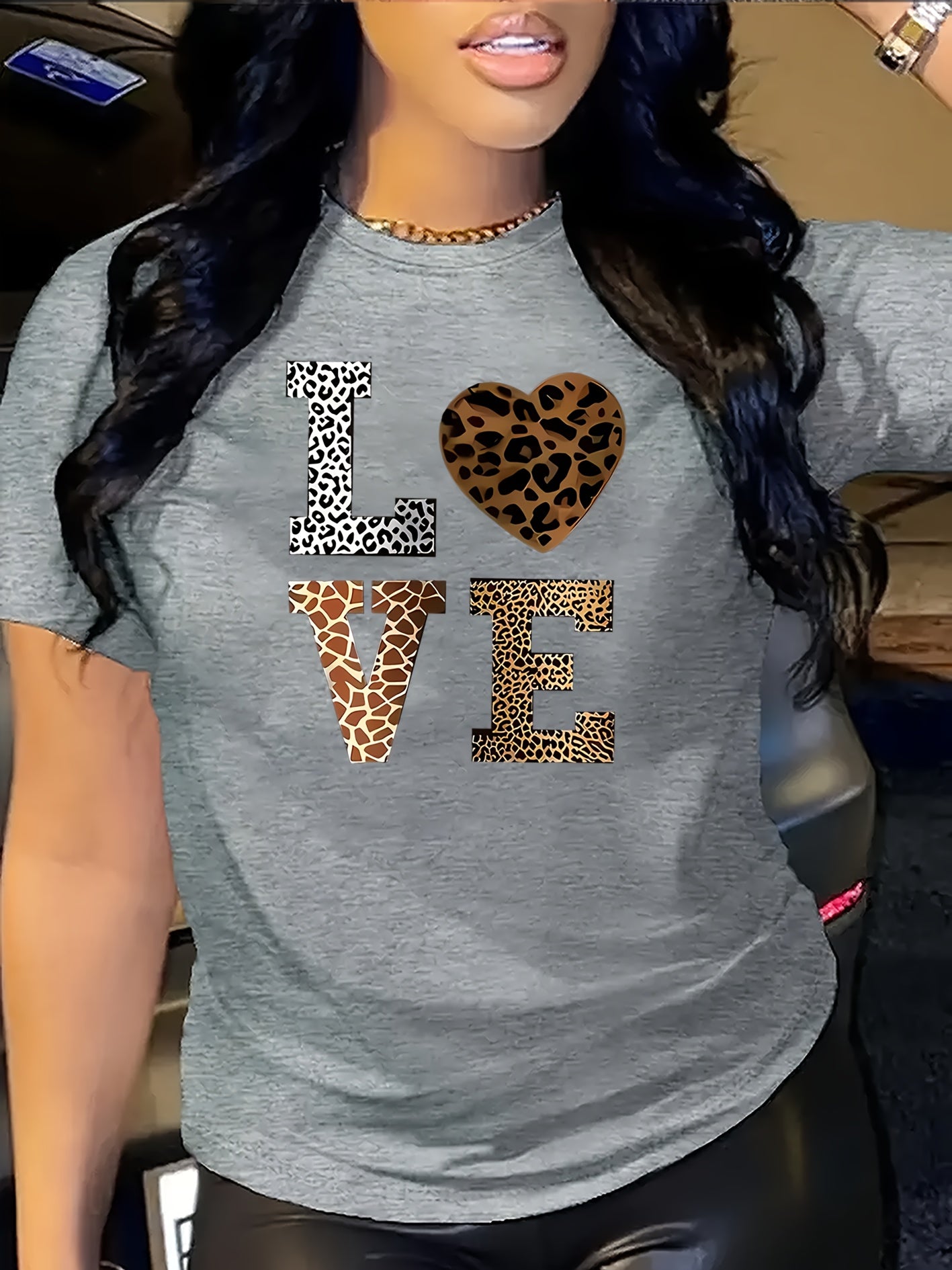 Stylish White 'LOVE' Leopard Heart Print Tee - Casual Round Neck Short Sleeve, 100% Polyester, Machine Washable - Perfect for All Seasons, Casual Wear Tee|Leopard Heart Design|Stretchable Material