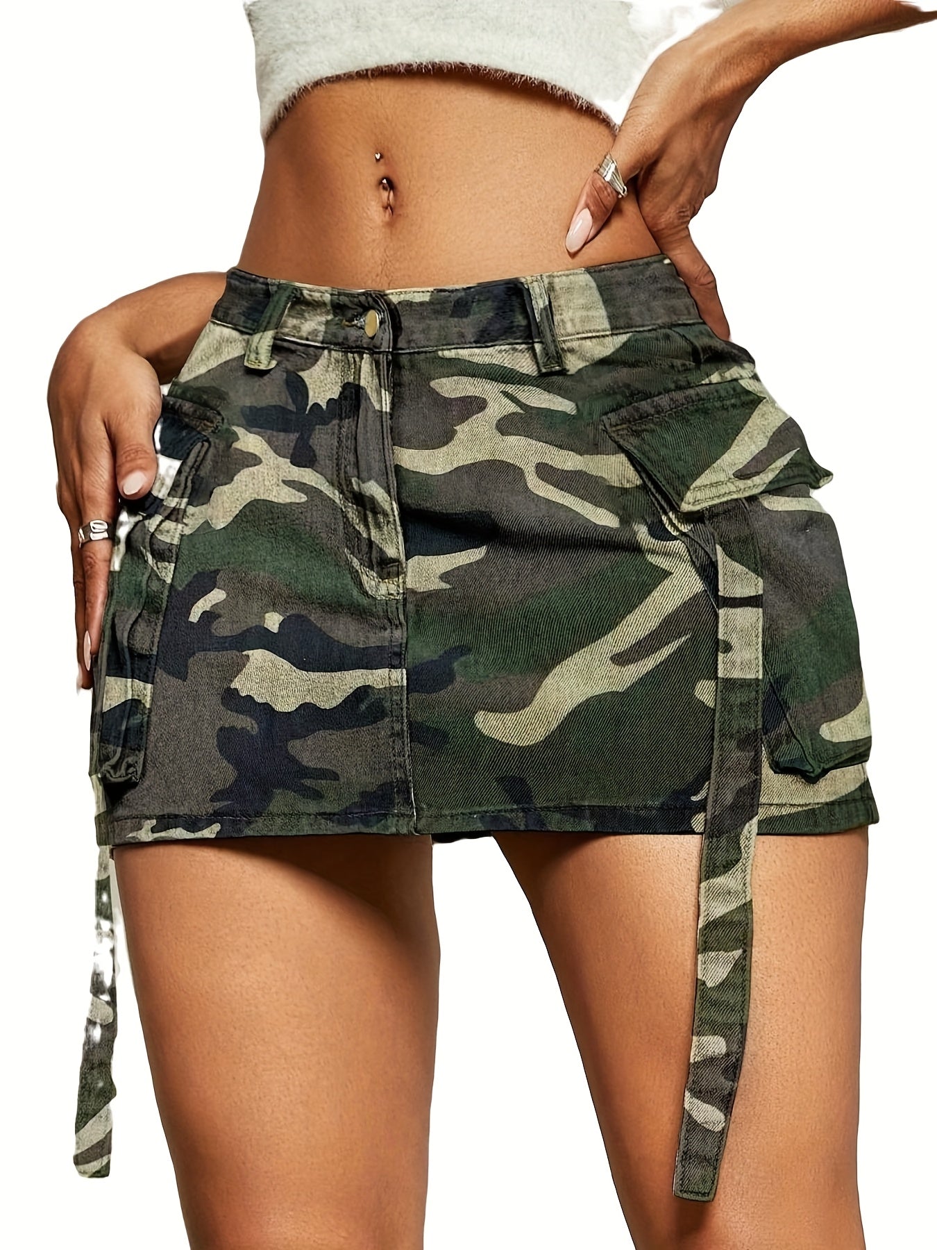 Camouflage Pattern A-line Skirt Workwear Flip Pocket Denim Short Skirt High Waist Hip Bag Fashionable Design Casual Summer Women'S Denim Half Skirt