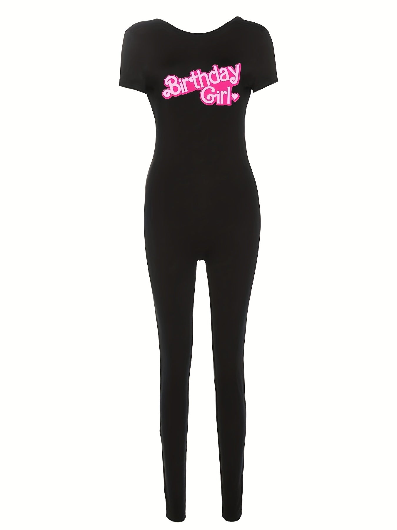 Women's Sexy Backless Bodycon Jumpsuit - Stretchy Polyester-Spandex Blend, Black with Pink "Birthday " Letter Print, Round Neck, Machine Washable, Spring/Summer Casual Outfit, Birthday Attire | Round Neck Jumpsuit | Stretchy