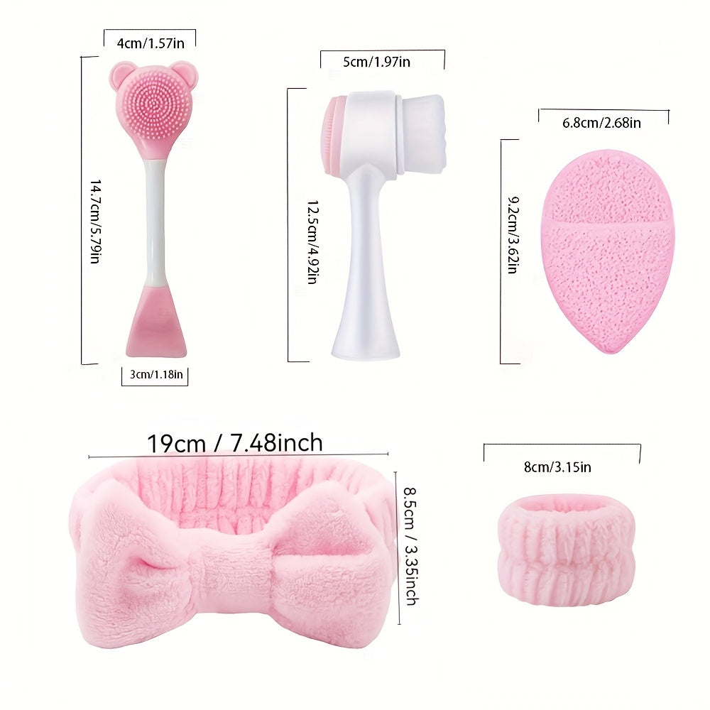 7pcs Facial Cleaning and Care Set - Deep Cleaning, Beauty Spa Mask Brush Kit, Includes Soft Fleece Headband, Headband Tie, Gentle Exfoliating Brush, Detail Silicone Facial Cleansing Brush, Portable Skincare Tool, Includes Was