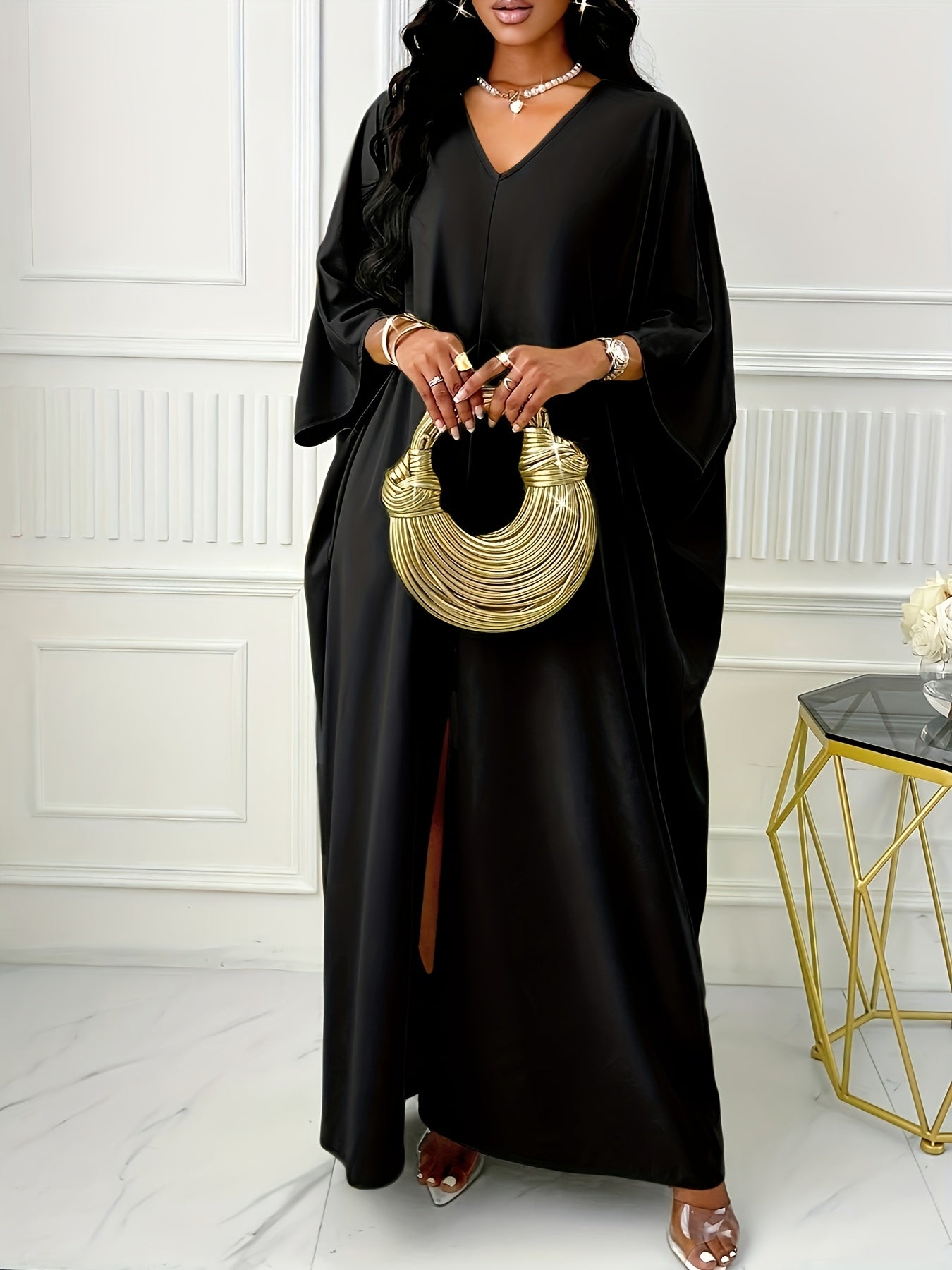 Elegant Solid Color V-Neck Cap Sleeve Side Slit Tunic Dress for Women - 100% Polyester Casual All-Season Long Dress