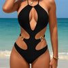 Sexy Black One-Piece Swimsuit – Cut-Out Design with Golden Ring Waist Accent & Halter Neck, High Stretch Beachwear