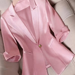 Elegant Satin Blazer for Women, Solid Color, Single Breasted, Three Quarter Sleeve, Polyester 96% Elastane 4%, Regular Fit, Woven, Button Detail, No Belt, All Seasons