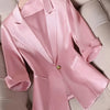 Elegant Satin Blazer for Women, Solid Color, Single Breasted, Three Quarter Sleeve, Polyester 96% Elastane 4%, Regular Fit, Woven, Button Detail, No Belt, All Seasons