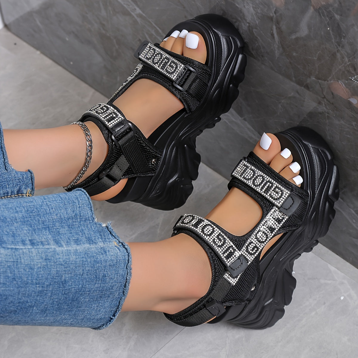 Elegant Summer 2024 Women's Black Rhinestone-Embellished High Heel Sandals - Breathable Mesh, Lightweight, Waterproof Platform with Hook-and-loop Fastener Straps, Open Toe Design for Stylish Daily Wear, Chunky Heel Sandals