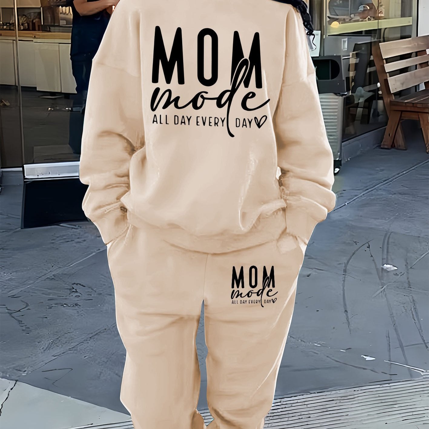 Letter Print Two Piece Set, Crew Neck Sweatshirt & Pants Outfits For Winter & Fall, Women's Clothing
