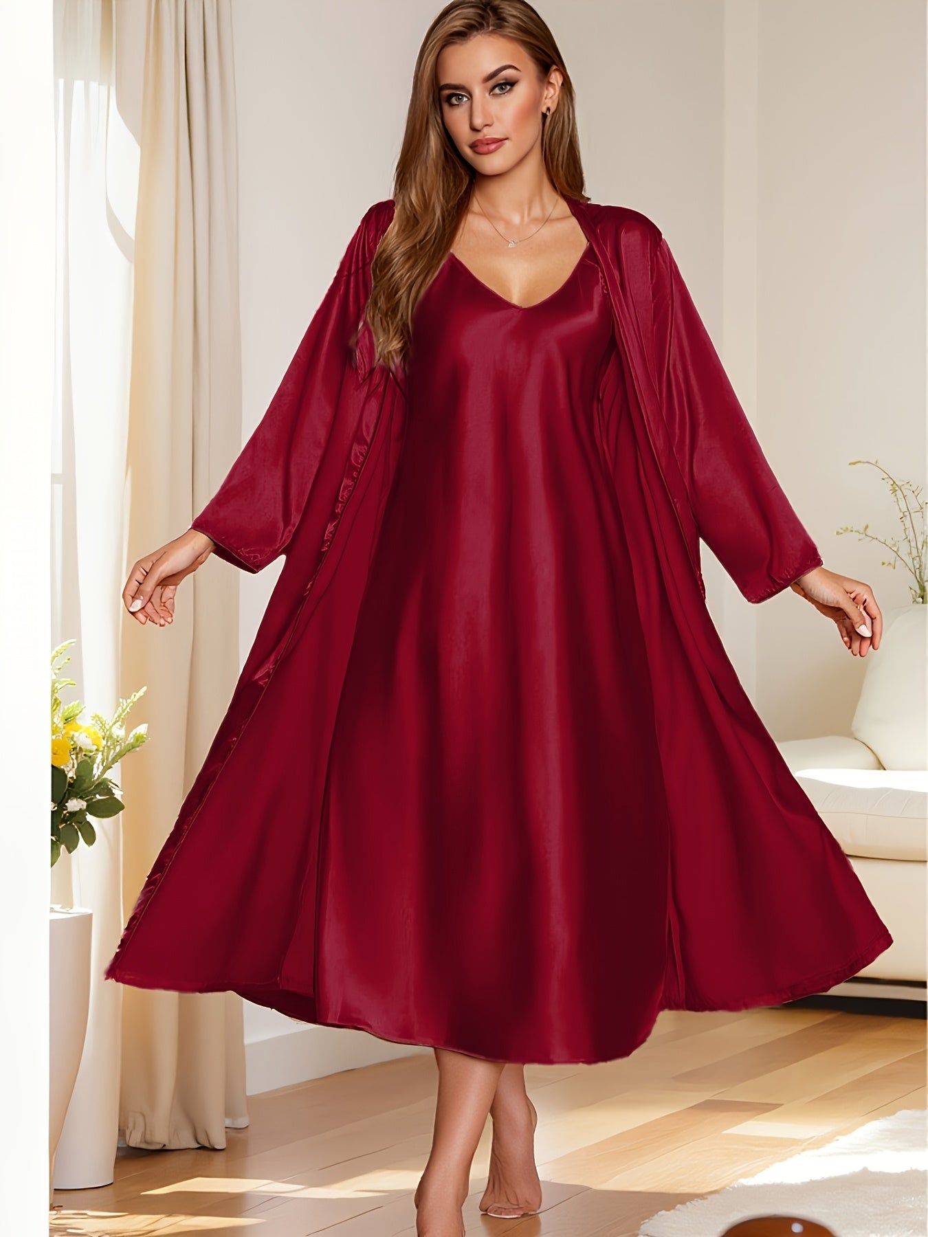 2pcs Women's Elegant V-Neck Satin Pajama Set - Smooth Polyester Fabric, 90g/m², Micro Elasticity - Autumn & Winter Comfortable Home Leisure Wear | Soft & Comfortable | Lace Up Detail