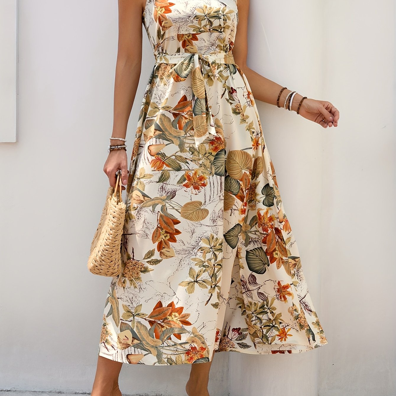 Belted Floral Print Split Halter Dress, Vacation Sleeveless Dress For Spring & Summer, Women's Clothing