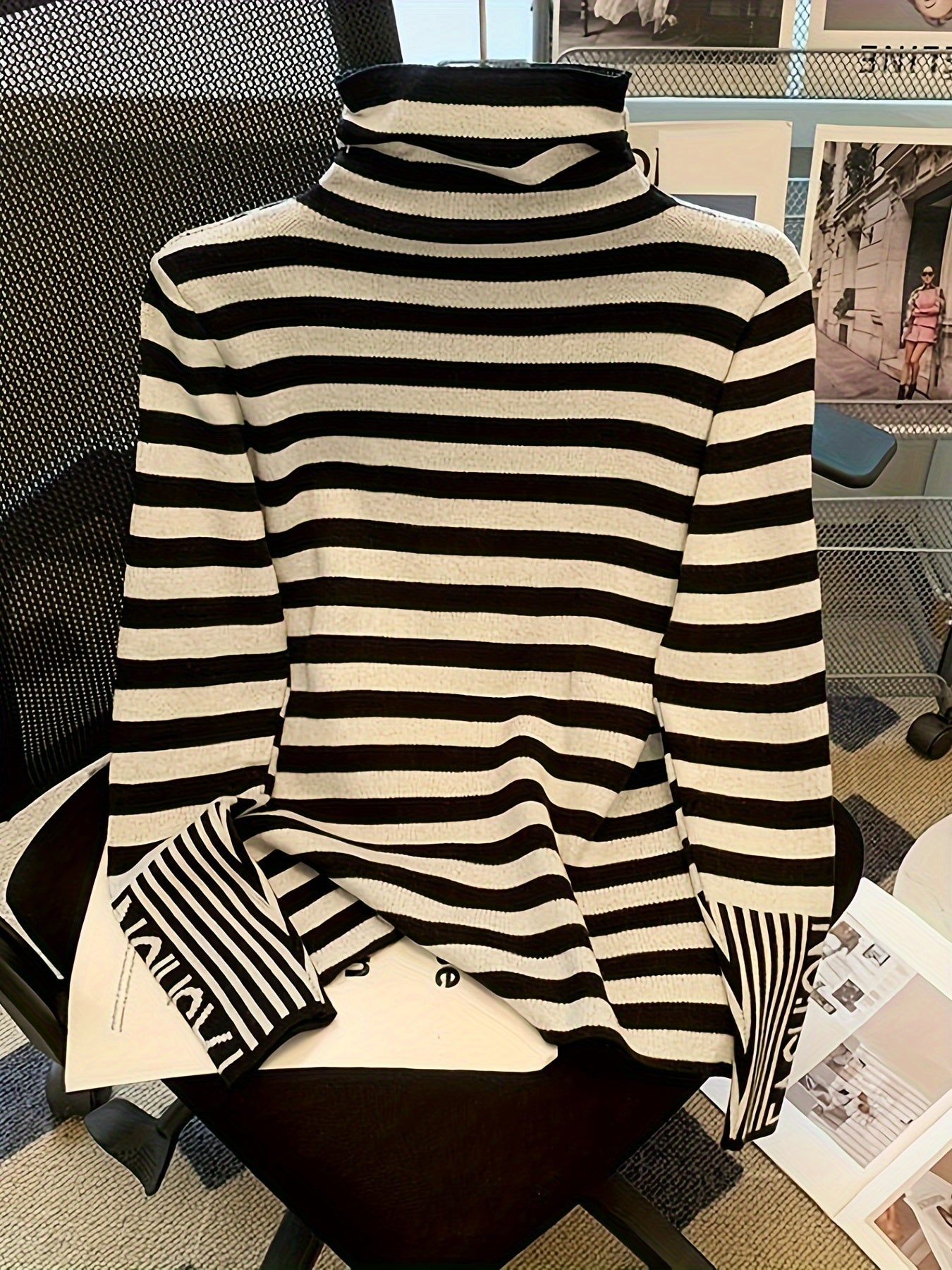Striped Pattern Turtle Neck Sweater - Casual Long Sleeve Slim Fit Pullover Sweater for Fall & Winter - Women's Clothing - Soft & Cozy Fabric - Perfect Gift for Women