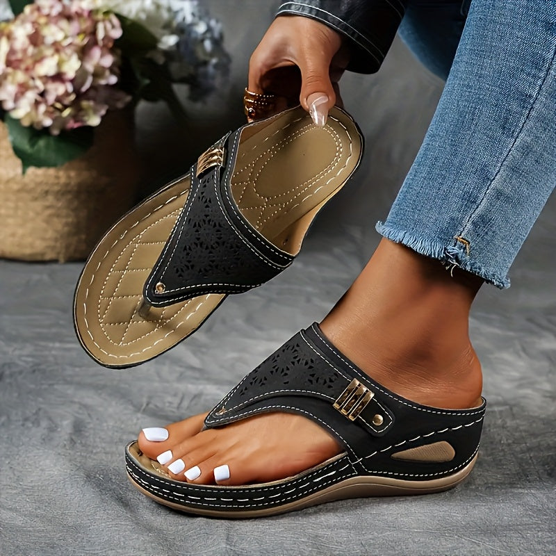 Women's Open Toe Wedge Slide Sandals – Perforated Faux Cover, Arch Support, Hook-and-Loop Closure, Soft Rubber Sole, All-Season Comfort