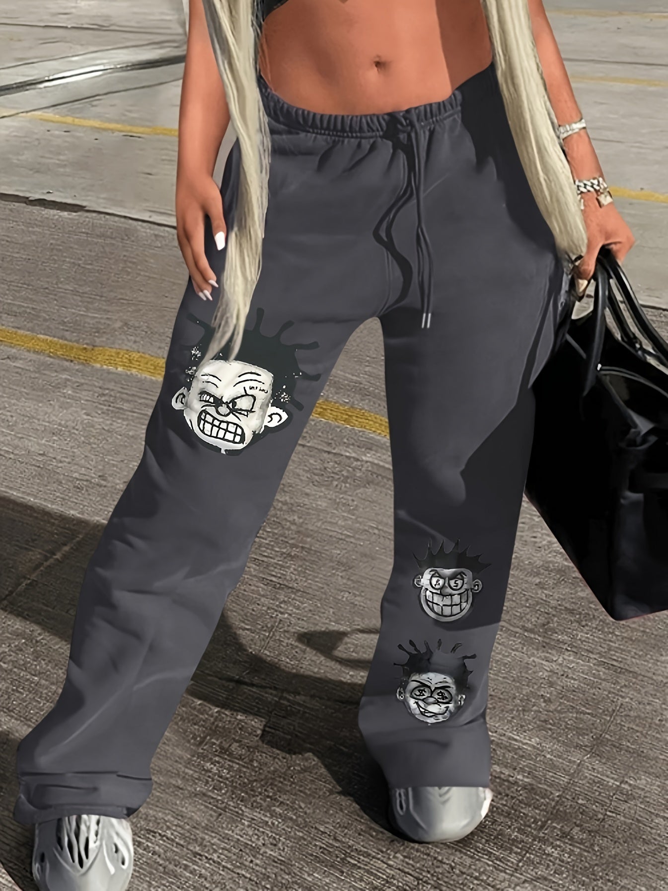 Y2K Wide Leg Polyester Pants with Cartoon Portrait Print - Fall/Winter Knit Fabric Trousers, 95% Polyester 5% Spandex, Adult Unisex