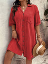 Loose-fitting Casual Cotton-linen Dress With A Turn-down Collar And Three-quarter-length Sleeves