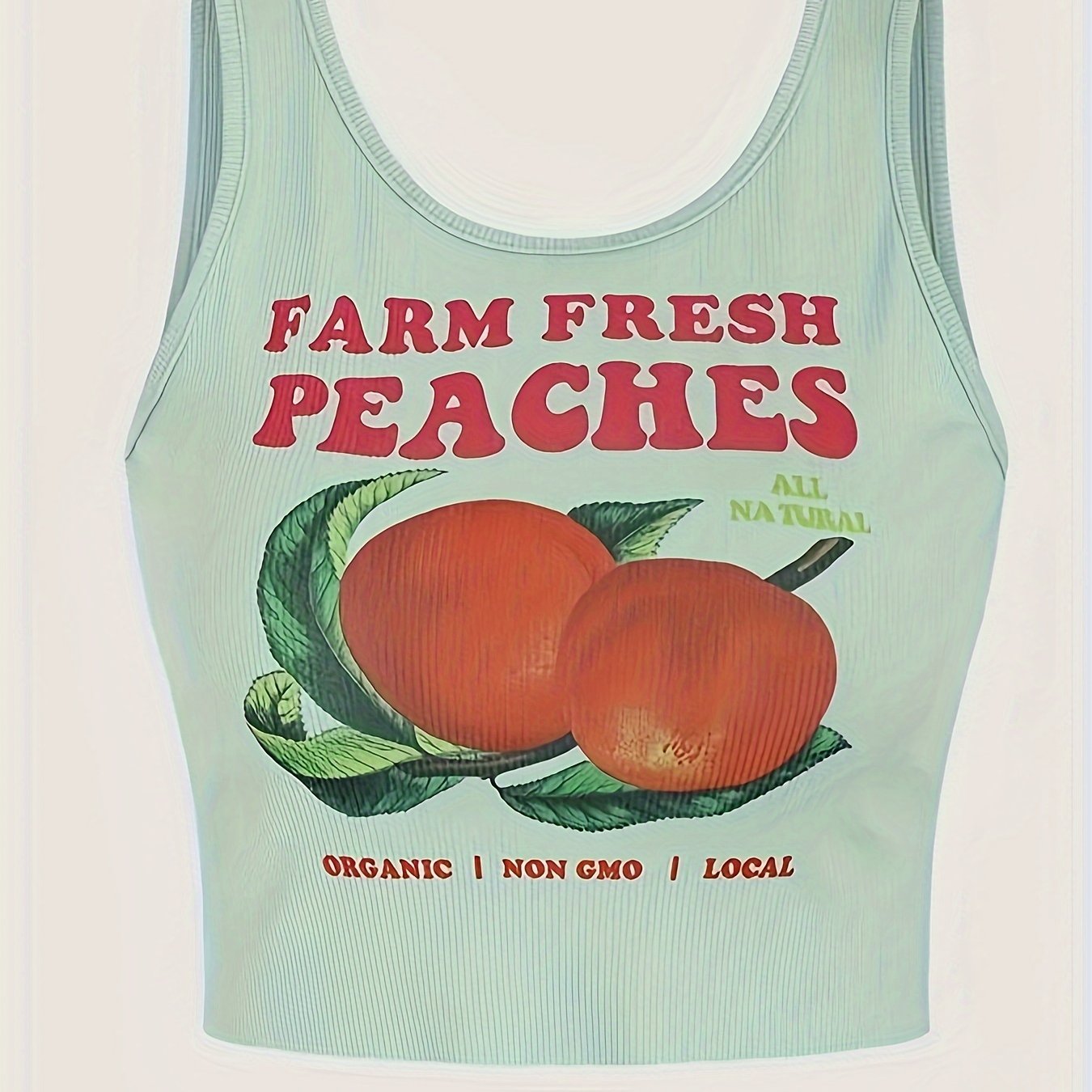 Y2K Sleeveless Crop Tank Top - Peach Print Crew Neck - Women's Spring & Summer Clothing