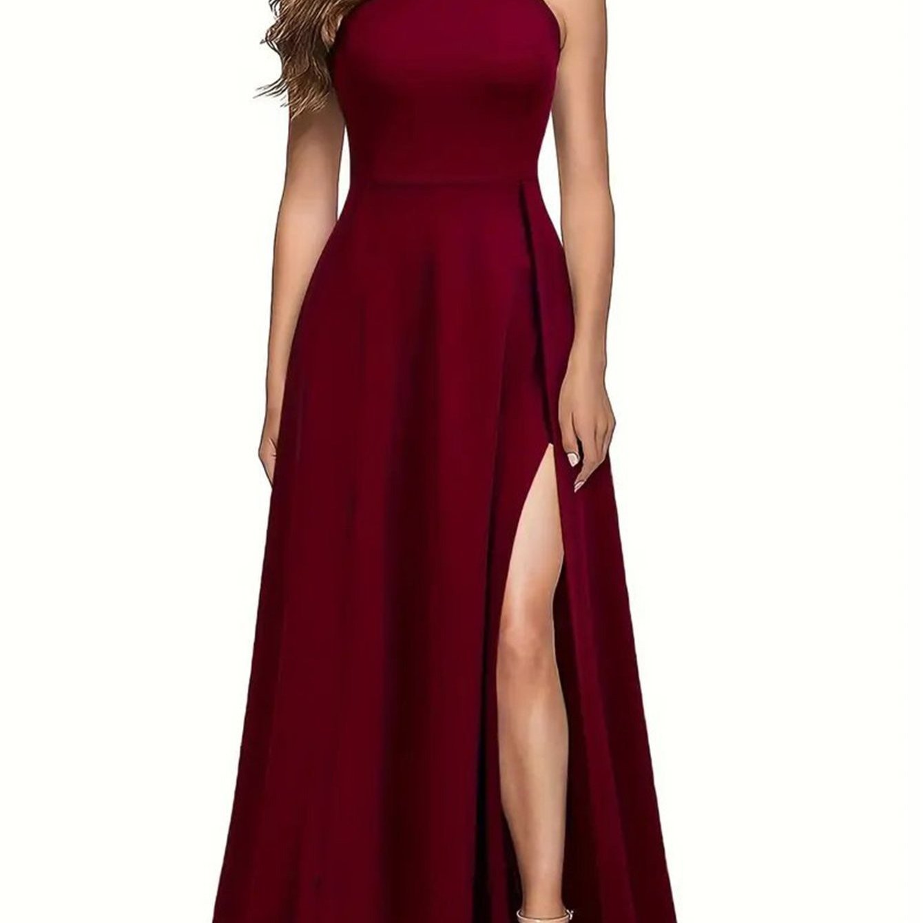Long formal dress, slit thigh high waist long dress, elegant sleeveless round neck dress, suitable for parties and banquets