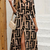 Geo Print Button Front Dress, Elegant Long Sleeve Belted A-line Dress for Spring & Fall, Women's Clothing, Brown Pattern