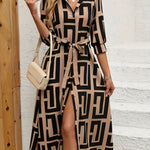 Geo Print Button Front Dress, Elegant Long Sleeve Belted A-line Dress for Spring & Fall, Women's Clothing, Brown Pattern