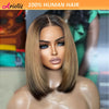 13x4 Transparent Lace Front Wig 10 Inch Straight Bob Human Hair Wig - Brown to Blonde Ombre with Black Highlights, 180% Density, Business Style for Women of All Ethnicities, Wig Accessories
