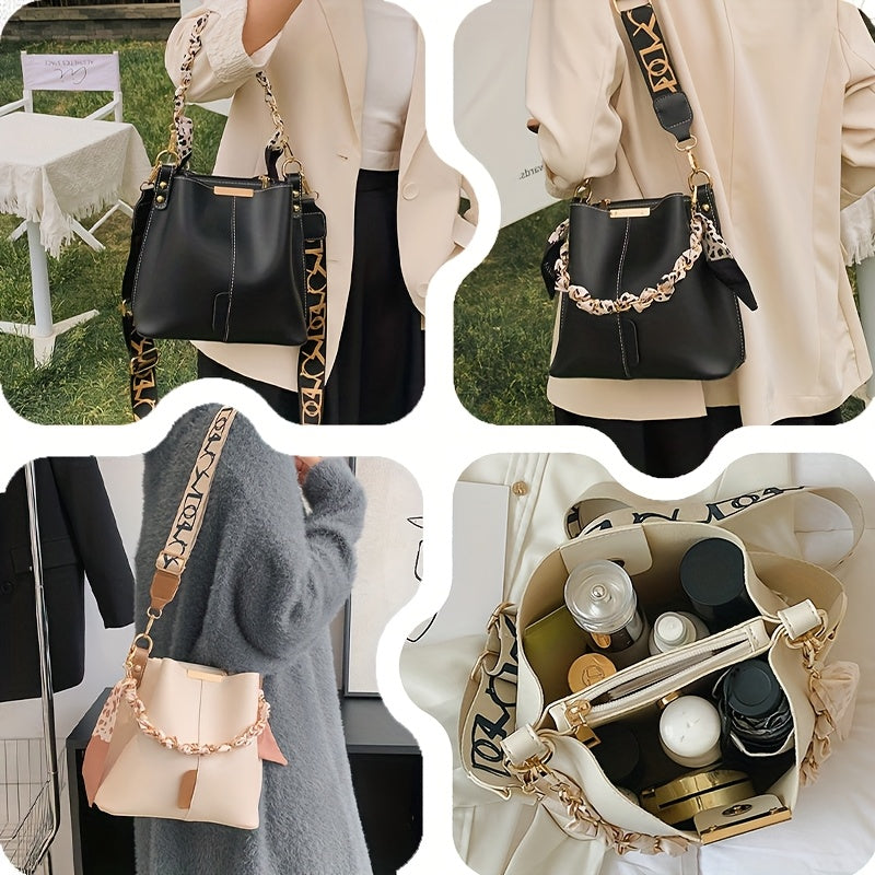 Women's Elegant Bohemian Bucket Crossbody Bag - Adjustable Shoulder Strap, Zipper Closure, with Golden-Tone Hardware, Versatile for Daily Commute & Casual Outings (Black/White)