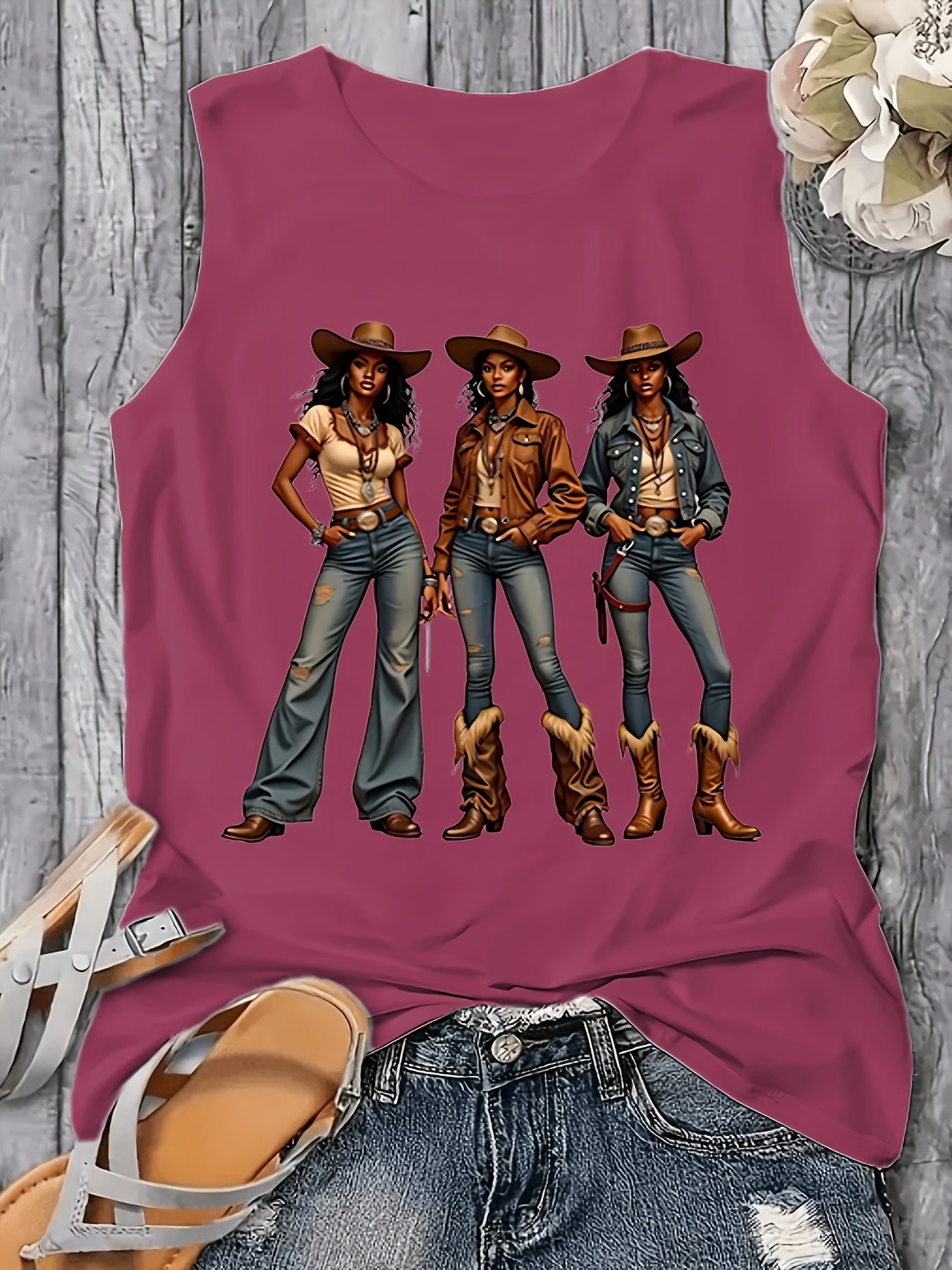 Western Style Denim Printed 160G Women'S Casual Round Neck Vest, Spring And Summer Women'S Vest, Simple Design, Machine Washable, Surprise Gift for Valentine'S Day, New Year And Other Holiday Atmospheres