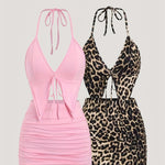 1set Women'S Casual Halter Top and Skirt Set - Polyester Woven, Solid Color, Backless Detail, Irregular Hem - Spring/Summer Collection