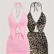 1set Women'S Casual Halter Top and Skirt Set - Polyester Woven, Solid Color, Backless Detail, Irregular Hem - Spring/Summer Collection