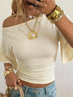 Summer Womens Off-shoulder Flared-sleeve Slimming Short-sleeved Top