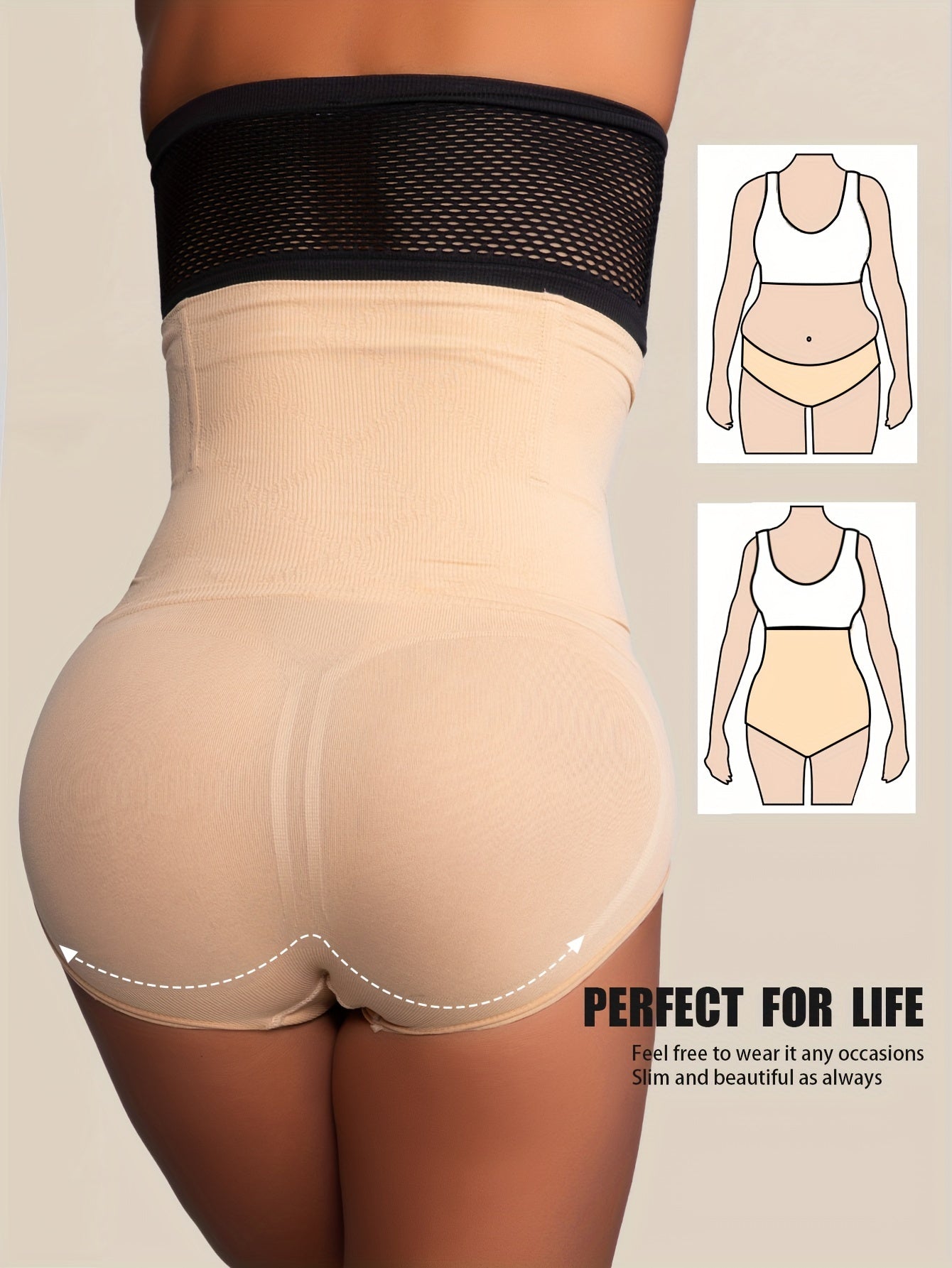 High-Waist Tummy Control Shapewear Panties for Women - Slimming Waist Trainer & Butt Lifter, Breathable Knit Fabric, Spandex/Polyester, Hand Washable, Seamless Design, Solid Beige, Body Shaping Underwear|Seamless Underwear|Br