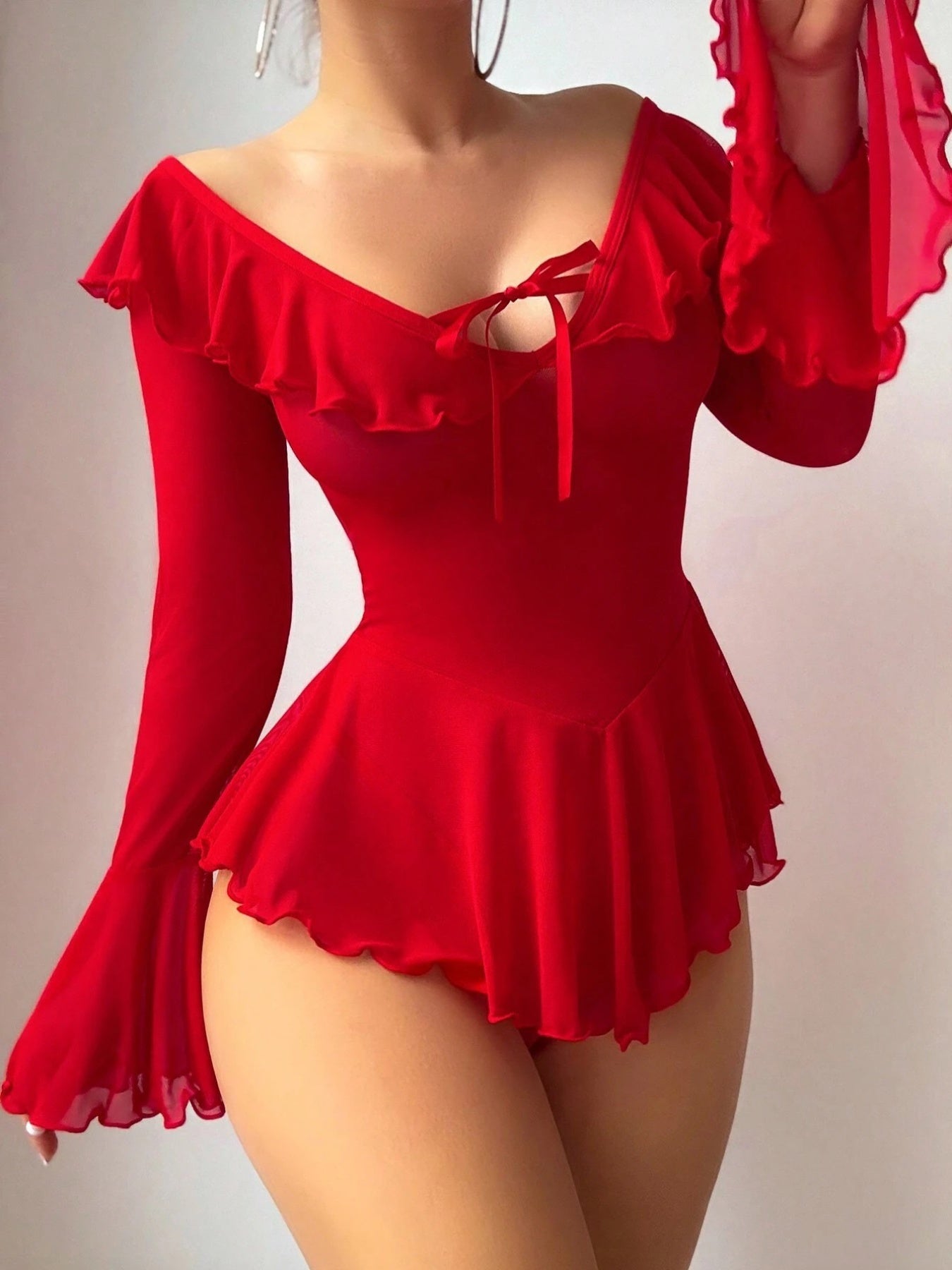 Women Lingerie Chemise Nightdress Solid Color See-Through Ruffles Dress Nightgown Sleepwear Slips Nightie with Thong