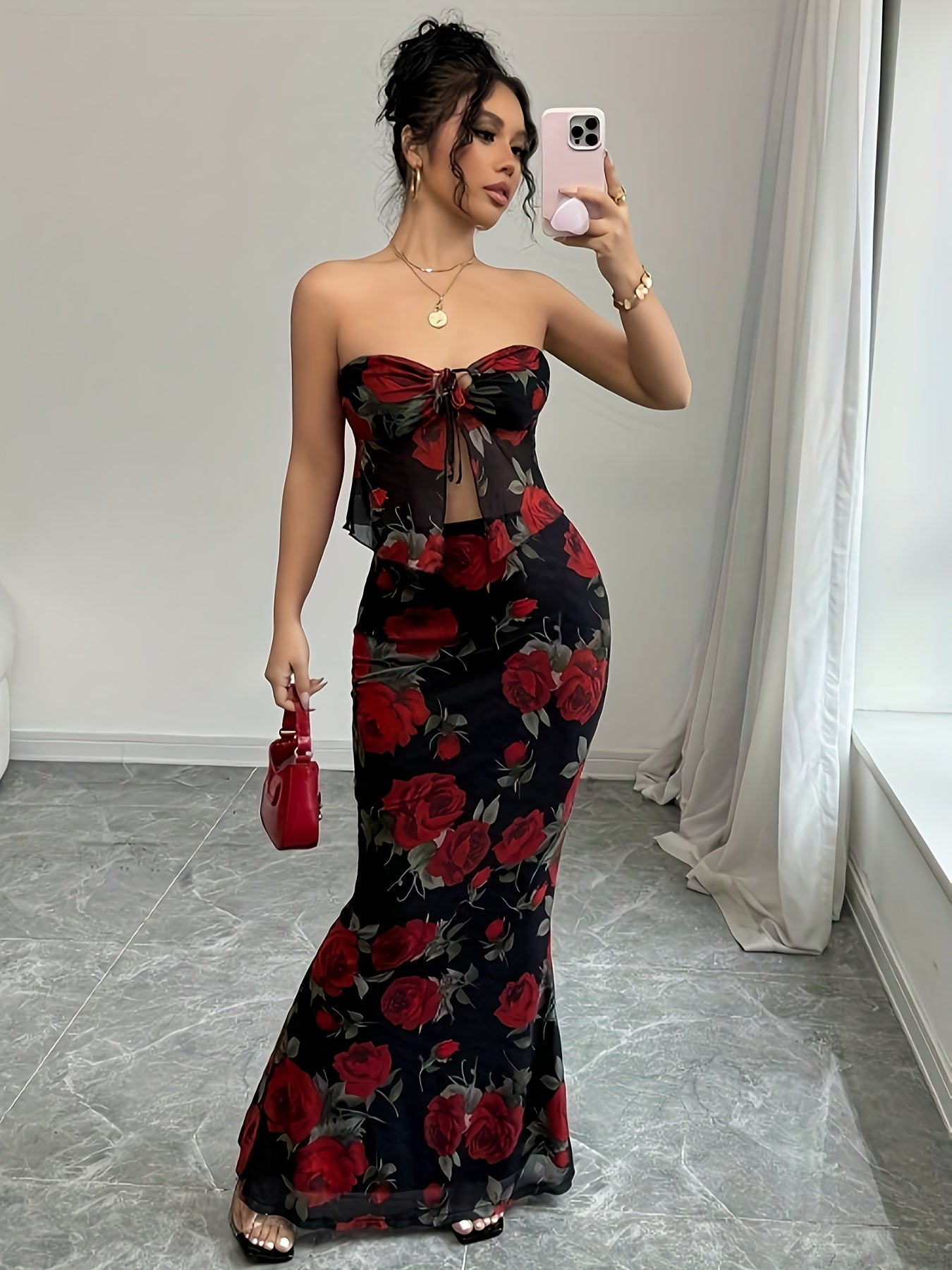 Elegant Two-Piece Set Featuring a Red And Black Rose Print, a Sexy Strapless Long Mermaid Dress.