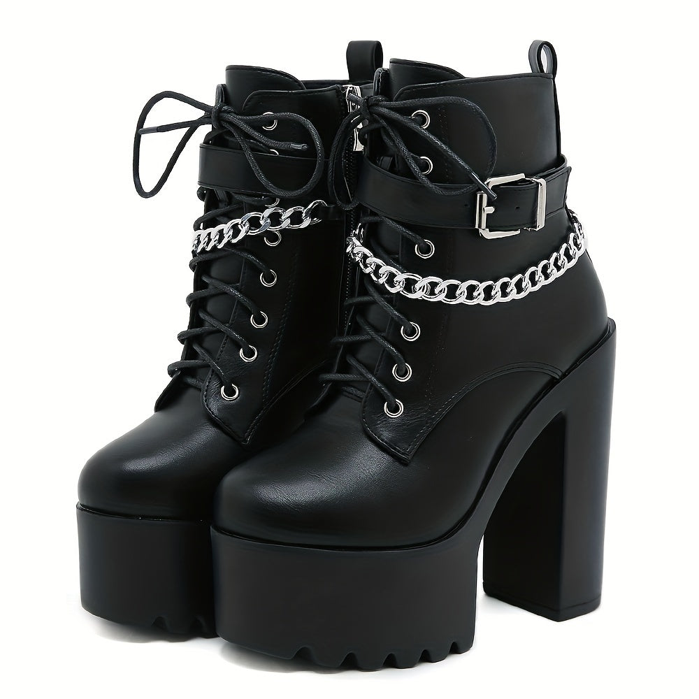 Women's Chain Decor Block Heeled Boots, Fashion Lace Up Side Zipper Boots, Women's Stylish Ankle Boots