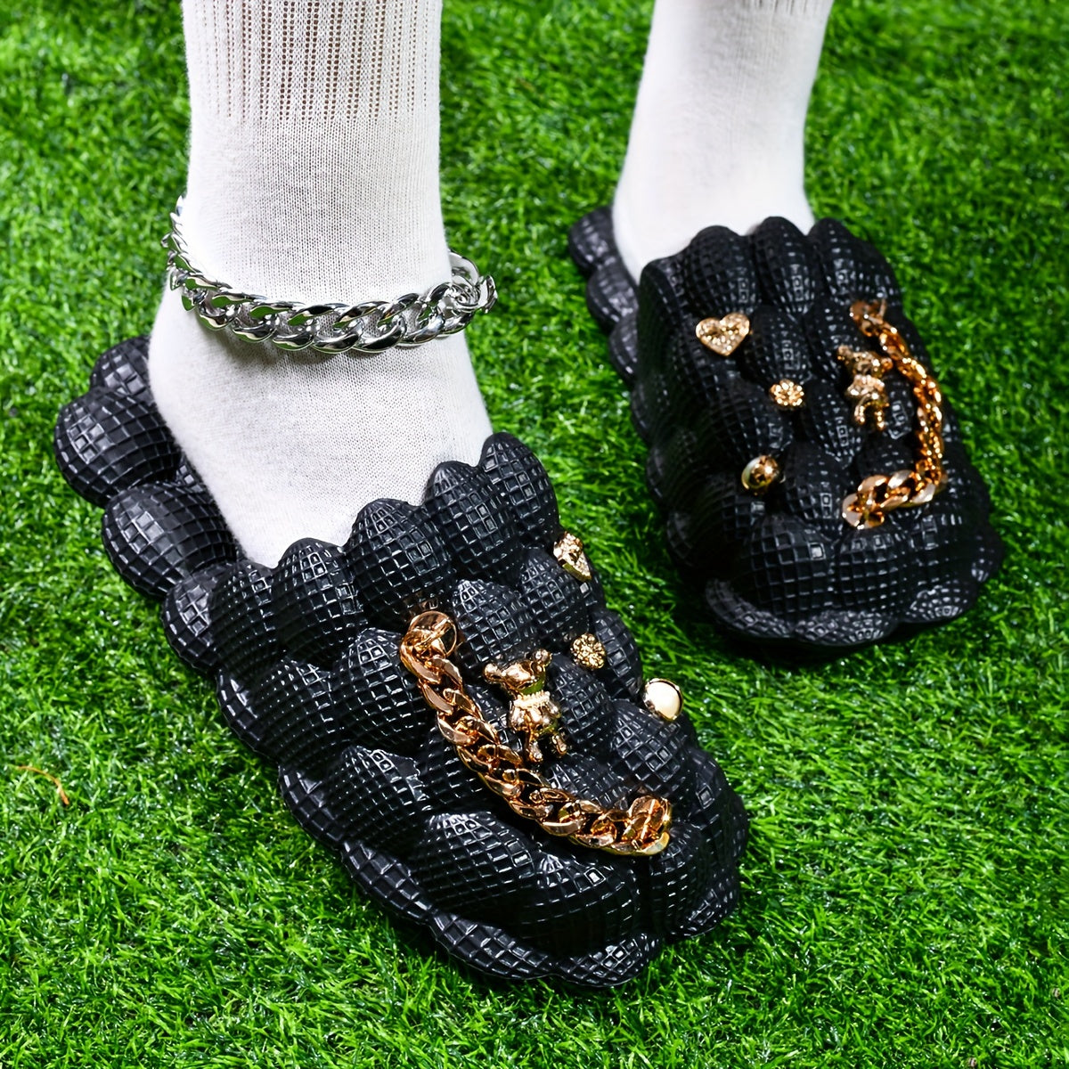 Women's Fashion Trendy Bubble Slippers With Golden Chain, Soft Comfortable Bottom Outdoor Slippers