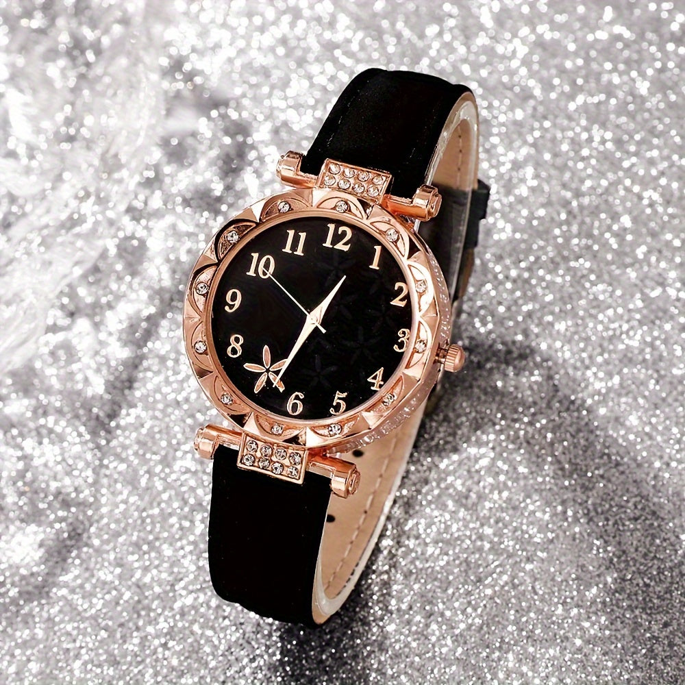 6pcs Elegant Ladies' Fashion Watch and Bracelet Set, Round Quartz Movement, PU Leather Strap, Zinc Alloy Case, Non-Rechargeable Battery - Perfect for Daily Wear, Parties, and Gifts for Special Occasions