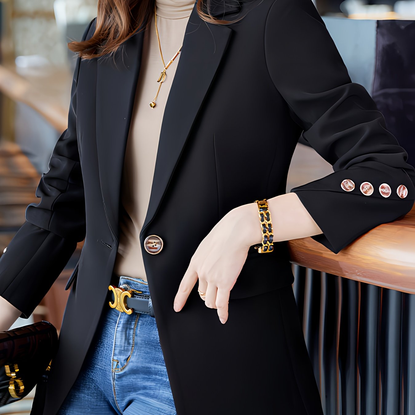 Elegant Long Sleeve Notched Collar Button Front Blazer for Office & Work, Women's Clothing