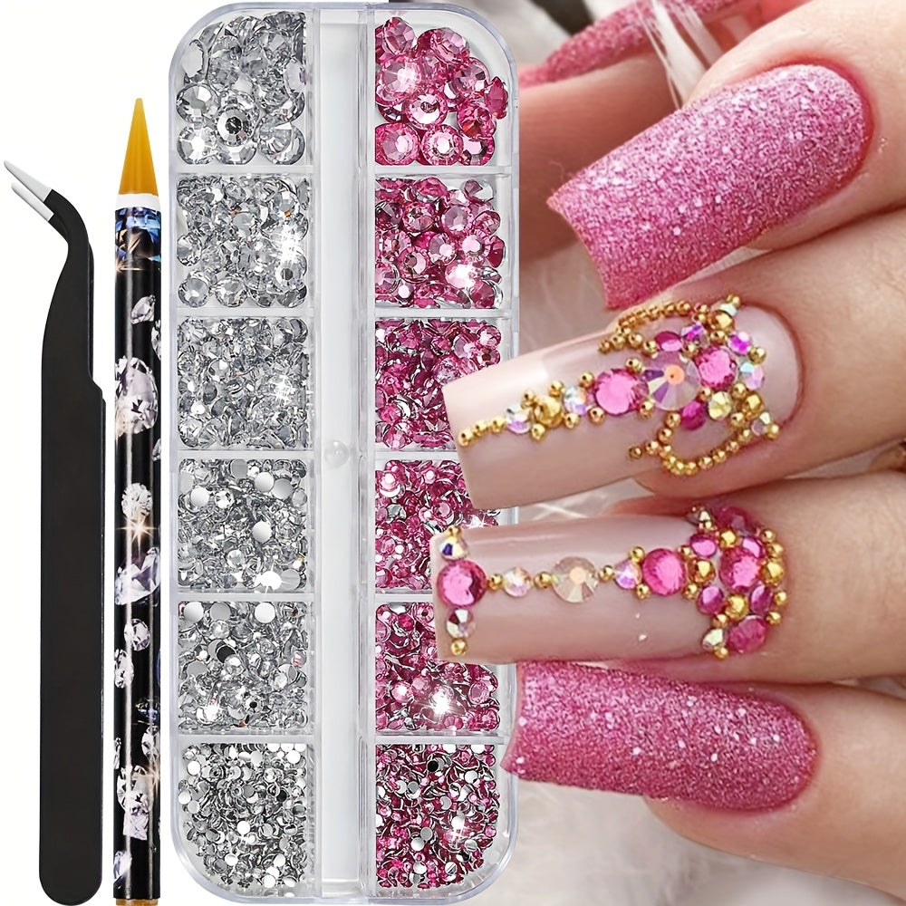 Multi-Size Flatback AB Nail Art Rhinestones Kit – Crystal Pearls & Gemstones for DIY Nails, Shoes, Clothes, Makeup & Bags – Includes Tweezer & Pen (SS4–SS16)