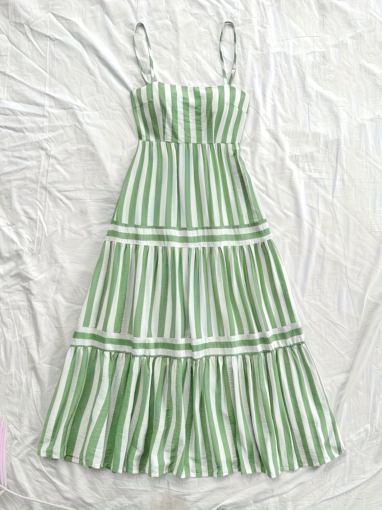Elegant Green & White Striped Midi Dress with Adjustable Spaghetti Straps and Ruffled Hem - Machine Washable, Perfect for Spring/Summer/Fall