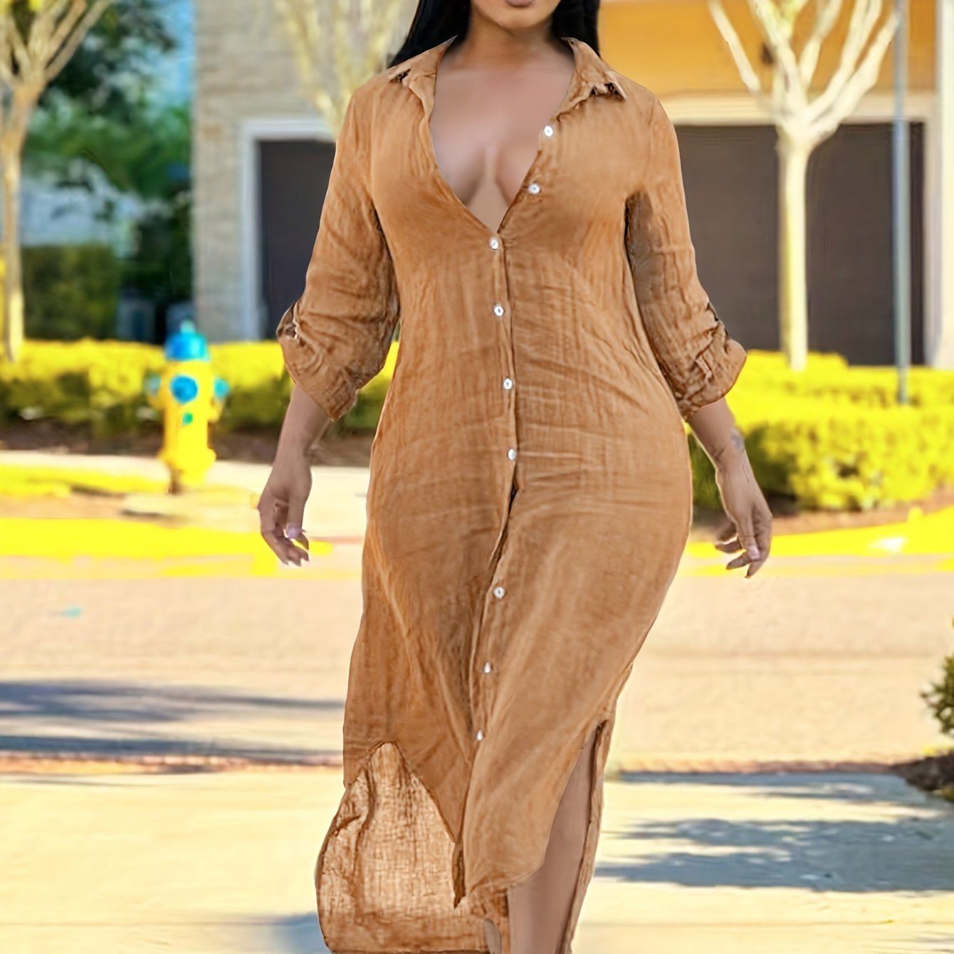 1pc Women'S Casual Solid Color Long Shirt Dress, Polyester Knit Fabric, Lapel Collar, Fitted Style, Spring/Fall Season - SS391137