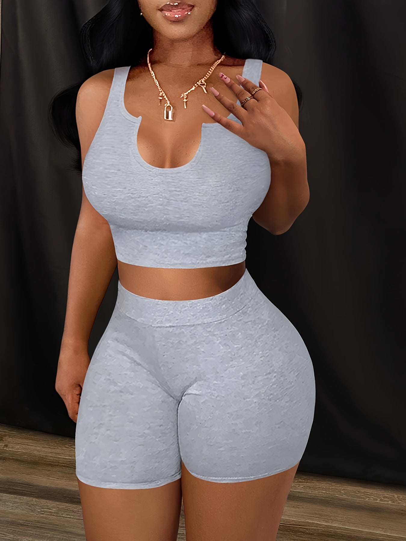 Womens Fashionable Solid Color Shorts Set - Flattering Notched Tank & High Waist Cropped Leggings Outfit - Perfect Casual Summer Wardrobe Essential