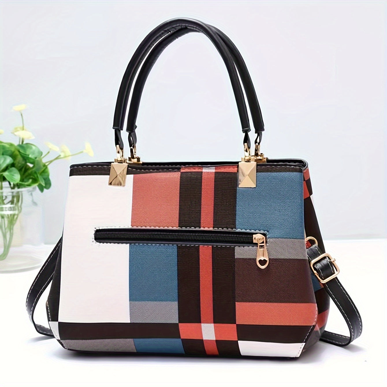 Stylish Grid Pattern Shoulder Bag - Top-Handle Bag with Magnetic Closure, Multiple Compartments, Spacious Interior, Perfect for Formal Occasions, Work, School, and Daily Use - Elegant and Practical Accessory