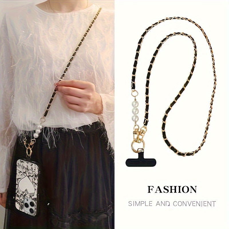 Durable, Chic Faux Pearl & Faux Leather Crossbody Phone Lanyard - Elegant Shoulder Strap Accessory