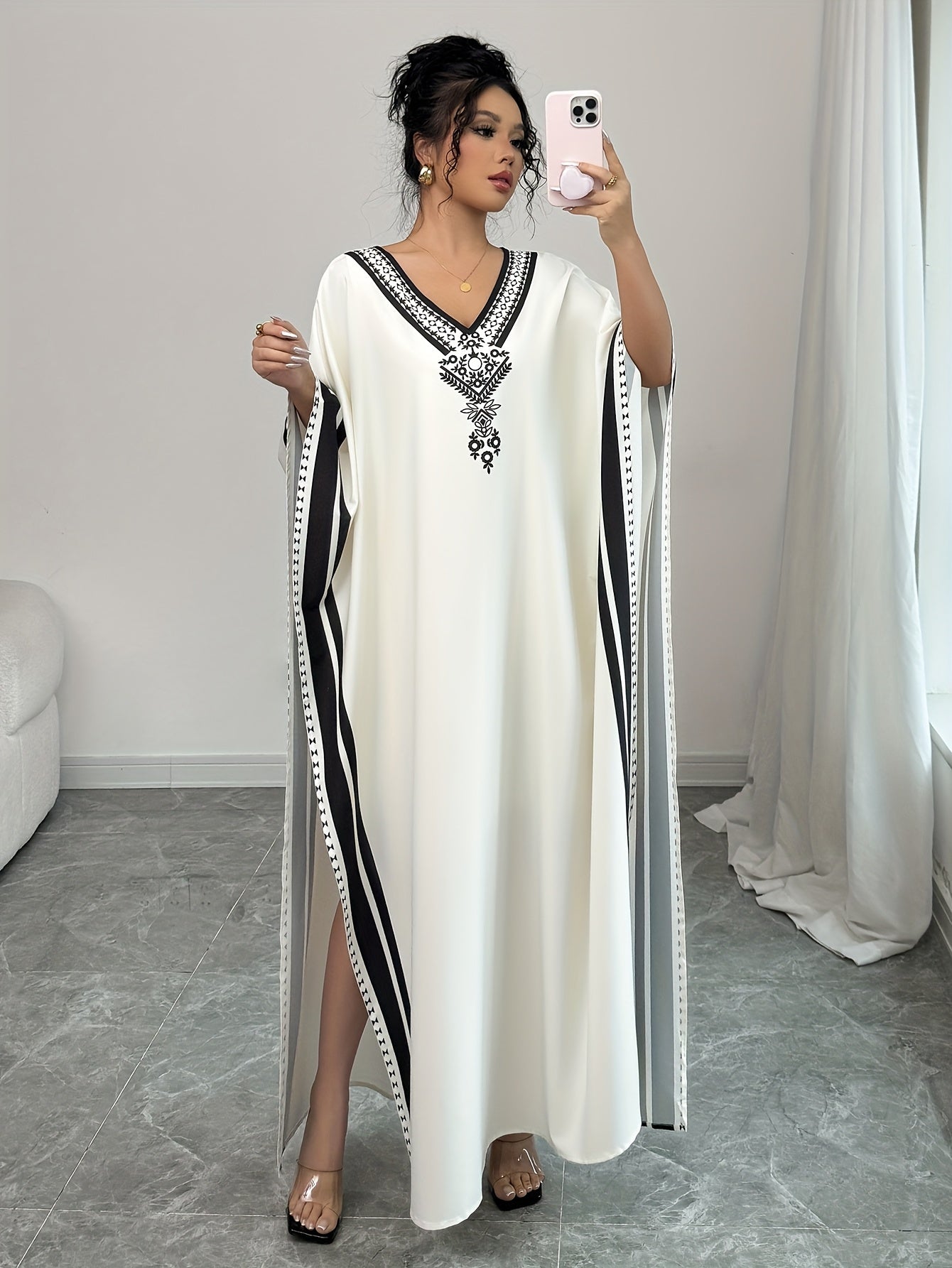 Women'S Elegant V-Neck Maxi Dress with Batwing Sleeves & Striped Detail - Casual Kaftan Style, Lightweight Polyester, Perfect for Spring/Fall, Adult Clothing | Vneck Dress | Striped Detail Dress