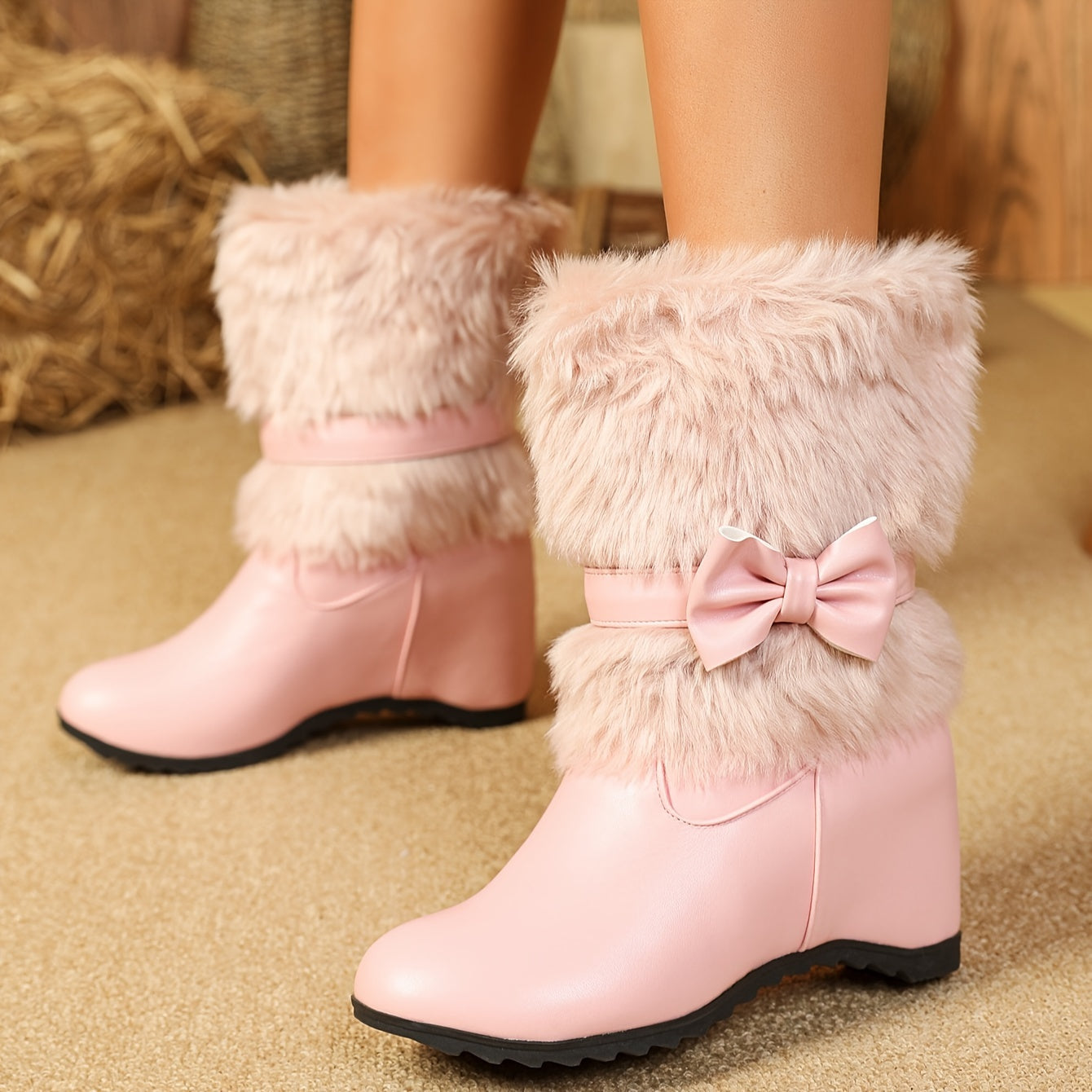 Women's Plush-Lined Winter Boots - Cozy Slip-On Mid-Calf Riding Boots with Thick Sole, Round Toe, and Bow Detail in White, Black, and Pink - Perfect for Cold Weather Comfort, Snow Boots