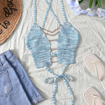 Sexy Gradient Knit Cami Top with Golden Chain Detail - V-Neck, Sleeveless, Stretch Fabric, Light Blue to White Ombre Design for Women - Perfect for Spring/Summer/Fall